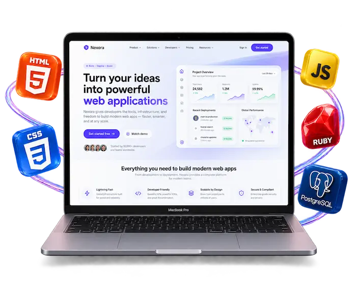 Ilustración de un sitio web moderno mostrado en una laptop con tecnologías HTML, CSS, JavaScript, Ruby y PostgreSQL