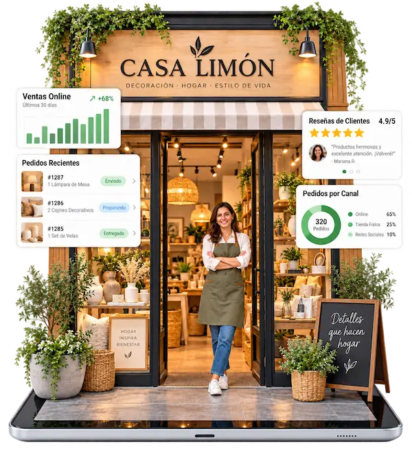 Ilustración de tienda local con ventas online, pedidos recientes y reseñas de clientes