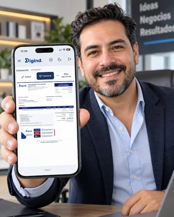 Emprendedor usando la aplicación Digind Factura en su teléfono